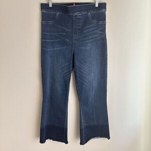 Spanx Flare Jeans Womens XL Dark Blue Pull On Cropped 20231R Slimming Raw‎ Hem